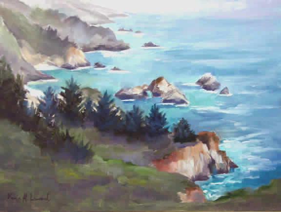 Big Sur Coast, Painted one of those mystical misty aftenoons, looking south towards Julia Pfeiffer Burns State Park.I loved the subtle colors, still gorgeous and vibrant even through the fog.&nbsp;Many visitors form all over the world stopped by, all admiring this magical place. 